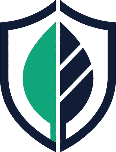 Logo von CO2GeldZurueck: Schild mit stilisiertem Blatt in Grün und Dunkelblau